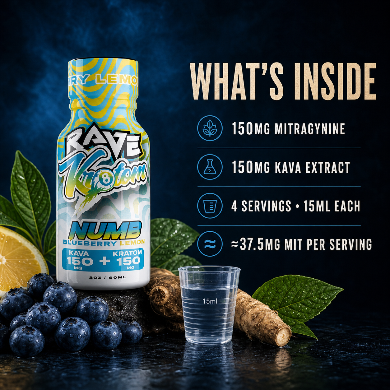 Rave Kratom Blueberry Lemon NUMB Kratom + Kava Shot Facts