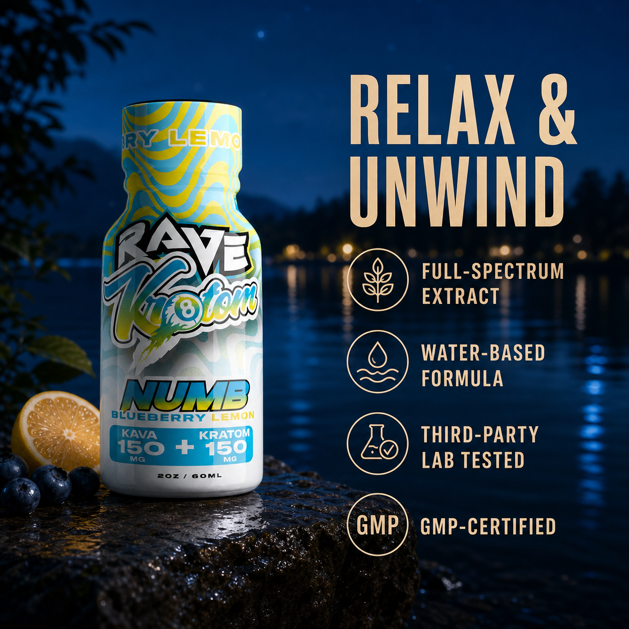 Rave Kratom Blueberry Lemon NUMB Kratom + Kava Shot Features
