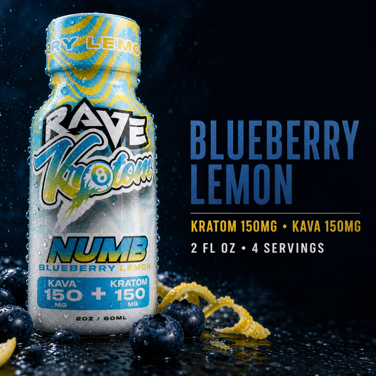 Rave Kratom Blueberry Lemon NUMB Kratom + Kava Shot Close Up